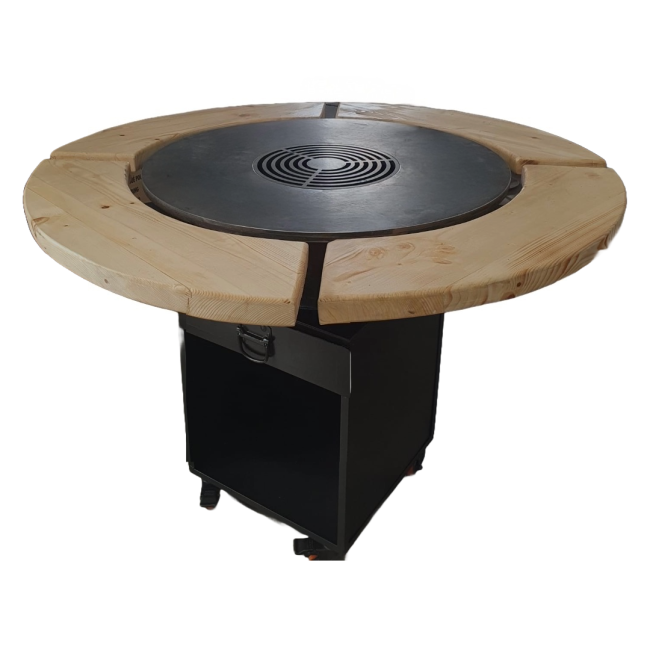 Gratar cu plita rotunda 650 mm, H 900 mm cu blat de lemn Gratar cu plita rotunda 650 mm, H 900 mm cu blat de lemn